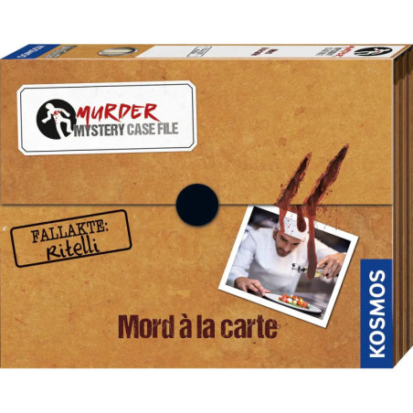 Spielschachtel Murder Mystery Case File: Mord à la carte mit Kochfoto und Kunstblutflecken.