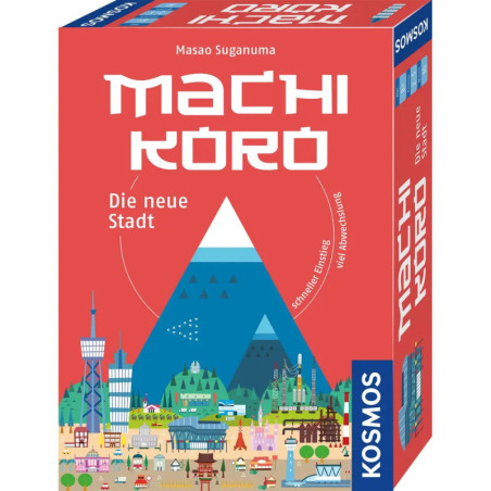 Rote Machi Koro-Spielschachtel mit Stadt- und Bergillustration, deutschem Text und blauen Akzenten.