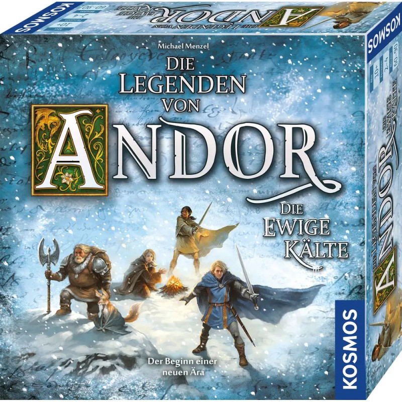 Boxcover von Andor: Die Ewige Kälte mit vier Abenteurern in verschneiter Landschaft.