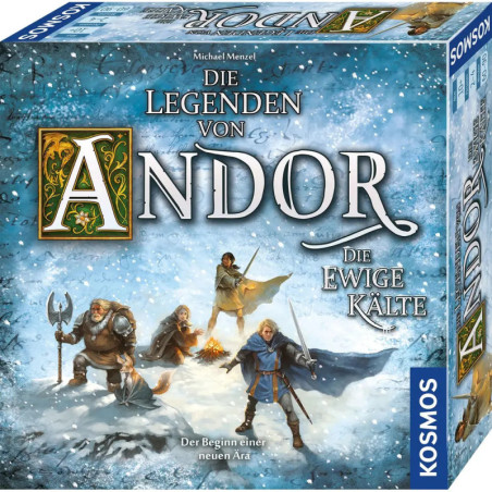 Boxcover von Andor: Die Ewige Kälte mit vier Abenteurern in verschneiter Landschaft.