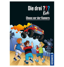 Drei Kinder sehen zu, wie ein roter Monstertruck springt und eine Kamera filmt Buchcover mit deutschem Text.