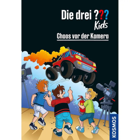 Drei Kinder sehen zu, wie ein roter Monstertruck springt und eine Kamera filmt Buchcover mit deutschem Text.