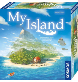 Brettspiel-Box mit einer tropischen Insel, einem Boot und dem Titel My Island vor blauem Himmel mit Wolken.