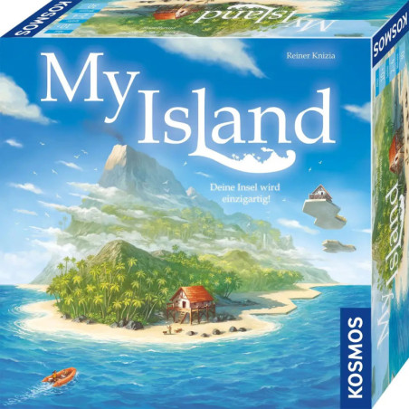 Brettspiel-Box mit einer tropischen Insel, einem Boot und dem Titel My Island vor blauem Himmel mit Wolken.