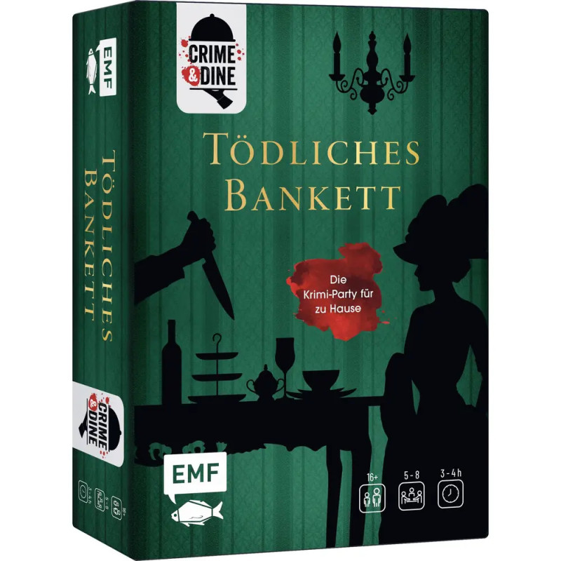 Crime & Dine Spielbox mit Bankettszene, Messer, Wein und schemenhaften Gestalten. Crime & Dine Spielbox mit Bankettszene, Messer, Wein und schemenhaften Gestalten.