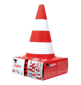 Ein rot-weiß gestreifter Spielzeug-Verkehrskegel steht auf seiner Verpackung mit der Aufschrift BIG pylon.