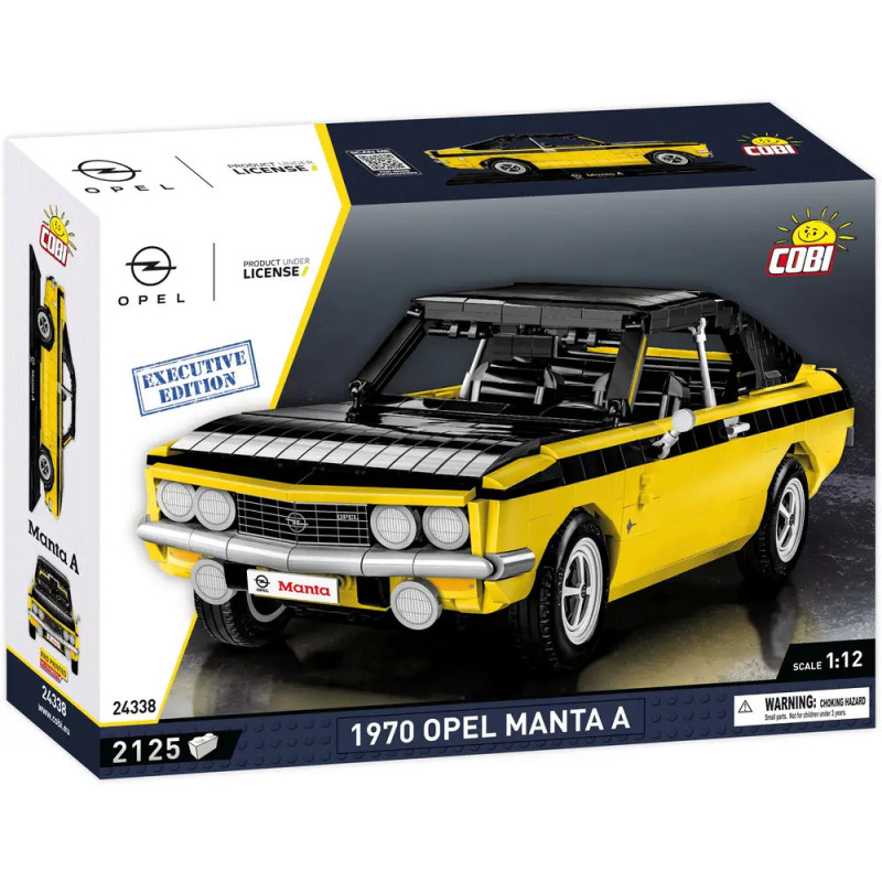 Schachtel des COBI Modellsets Opel Manta A 1970 mit gelb-schwarzem Auto auf der Vorderseite. Schachtel des COBI Modellsets Opel Manta A 1970 mit gelb-schwarzem Auto auf der Vorderseite.
