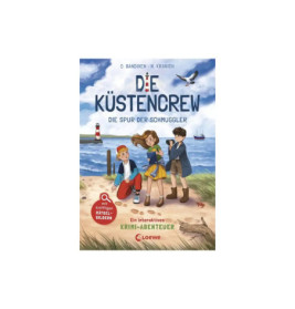 Cover von Die Küstencrew: Drei Kinder am Strand, im Hintergrund ein Leuchtturm und fliegende Möwen.