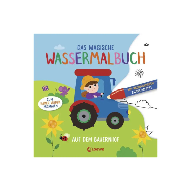 Ein Kind fährt einen roten Traktor auf einem bunten Bauernhof - Cover eines deutschen magischen Wasser-Malbuchs. Ein Kind fährt einen roten Traktor auf einem bunten Bauernhof - Cover eines deutschen magischen Wasser-Malbuchs.