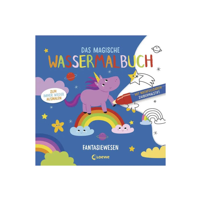 Cover eines magischen Malbuchs für Kinder mit lila Einhorn, Regenbögen, Wolken und bunten Sternen.