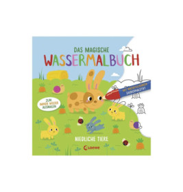 Kinderbuchcover mit bunten Tieren, einem Hasen und einem magischen Wasserstift auf grünem Feld.
