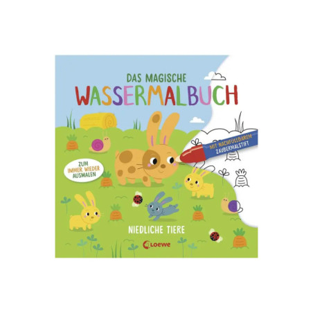 Kinderbuchcover mit bunten Tieren, einem Hasen und einem magischen Wasserstift auf grünem Feld.