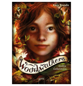 Buchcover von Woodwalkers: Hollys Geheimnis mit einem Mädchen-Gesicht, umgeben von Zapfen und Blättern.