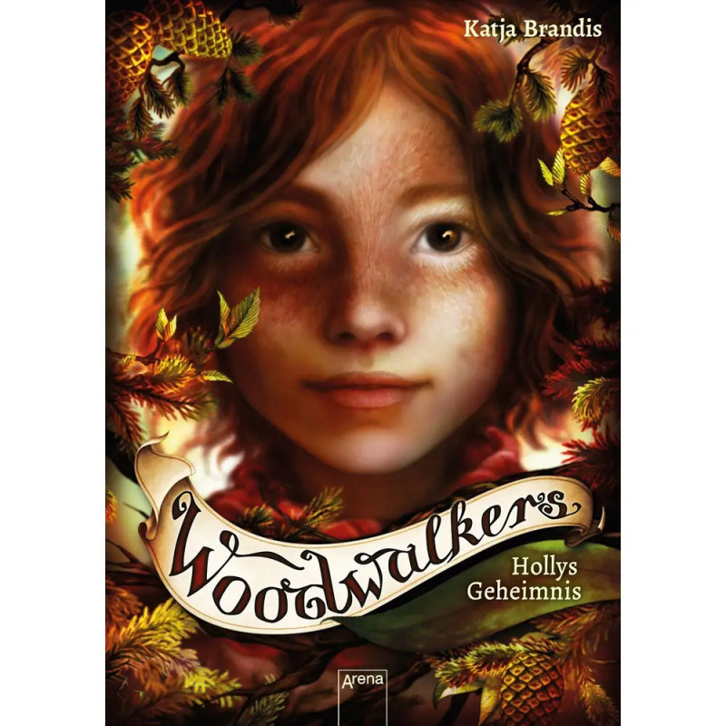 Buchcover von Woodwalkers: Hollys Geheimnis mit einem Mädchen-Gesicht, umgeben von Zapfen und Blättern.