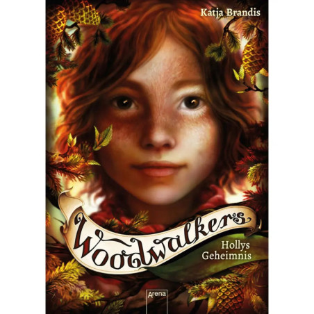 Buchcover von Woodwalkers: Hollys Geheimnis mit einem Mädchen-Gesicht, umgeben von Zapfen und Blättern.