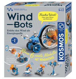 Wind Bots Bausatz mit blauen und orangefarbenen windbetriebenen Robotermodellen für Kinder von 8 bis 12 Jahren.