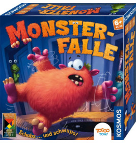 Ein orangefarbenes, zotteliges Monster springt erschrocken auf der Schachtel des Brettspiels Monster-Falle.