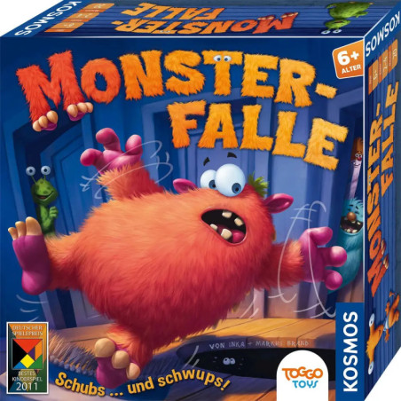 Ein orangefarbenes, zotteliges Monster springt erschrocken auf der Schachtel des Brettspiels Monster-Falle. Ein orangefarbenes, zotteliges Monster springt erschrocken auf der Schachtel des Brettspiels Monster-Falle.