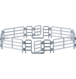 Runder Metall-Laufstall mit mehreren Schwingtoren, die zu einem geschlossenen Gehege angeordnet sind.