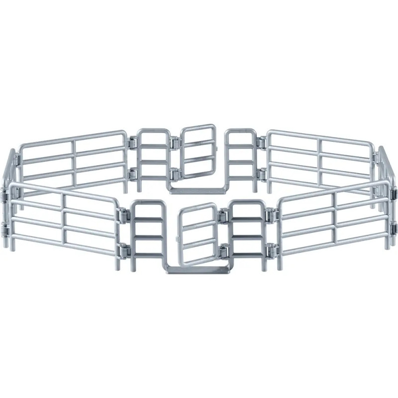 Runder Metall-Laufstall mit mehreren Schwingtoren, die zu einem geschlossenen Gehege angeordnet sind. Runder Metall-Laufstall mit mehreren Schwingtoren, die zu einem geschlossenen Gehege angeordnet sind.