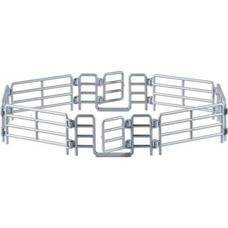 Runder Metall-Laufstall mit mehreren Schwingtoren, die zu einem geschlossenen Gehege angeordnet sind. Runder Metall-Laufstall mit mehreren Schwingtoren, die zu einem geschlossenen Gehege angeordnet sind.