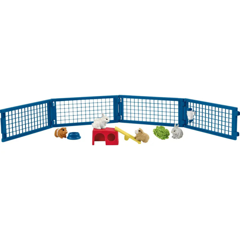 Spielzeug-Meerschweinchen-Set mit blauem Zaun, fünf Tieren, Versteck, Futternapf, Salat und Wippe.