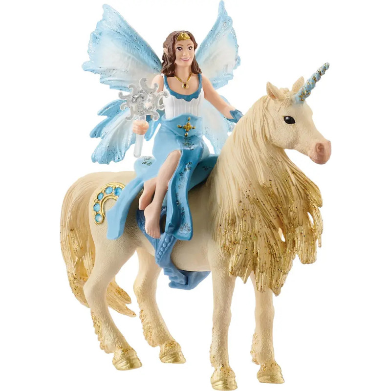 Eine Elfenfigur mit blauen Flügeln reitet auf einem goldenen, funkelnden Einhorn.