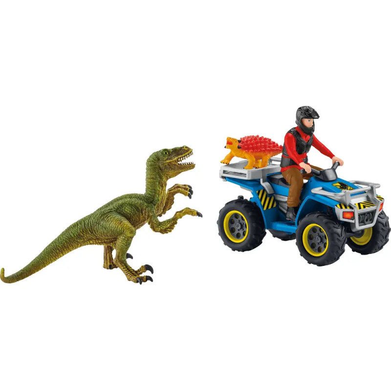 Ein grüner Dinosaurier steht vor einer Person auf einem blauen ATV mit kleinem gelbem Dino auf dem Rücksitz.