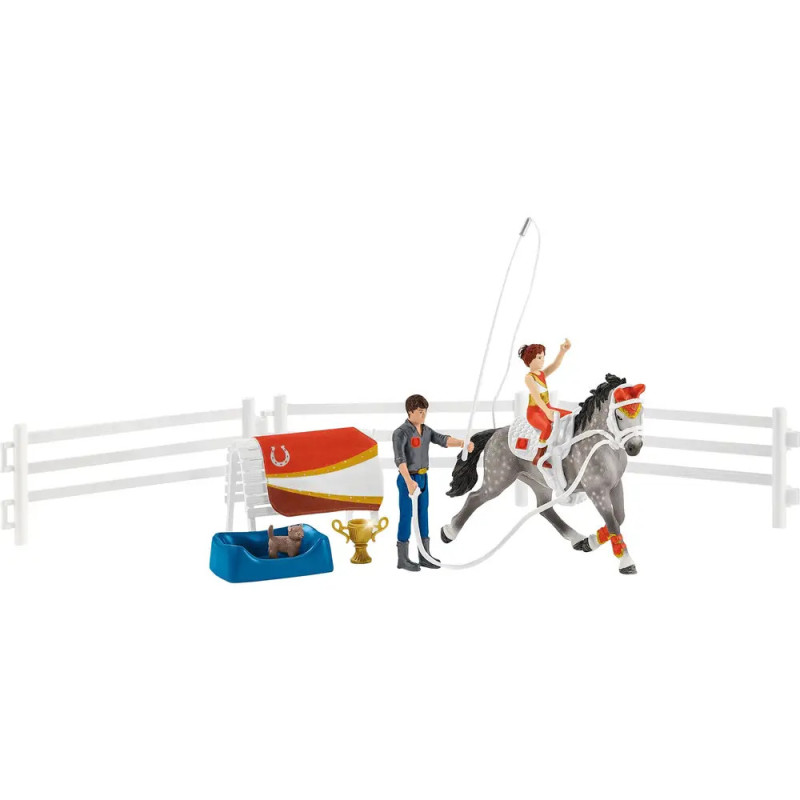 Spielzeugpferd mit Reiter springt Trainer, Trophäe, Sattel und eingezäuntes Arena-Zubehör sind enthalten. Spielzeugpferd mit Reiter springt Trainer, Trophäe, Sattel und eingezäuntes Arena-Zubehör sind enthalten.