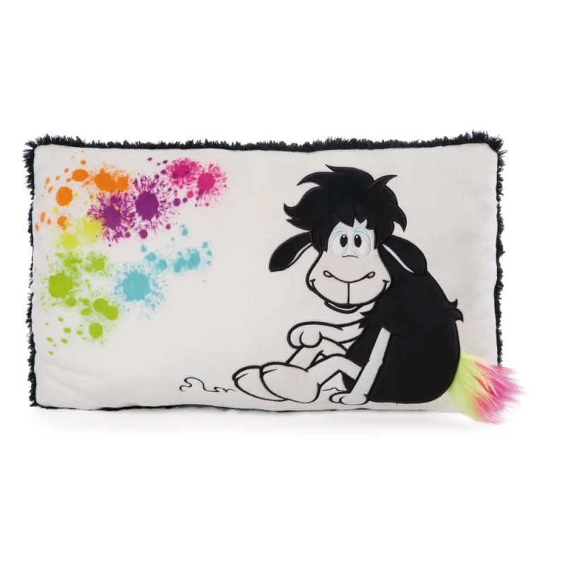 Rechteckiges weißes Kissen mit einem Cartoon-Esel, bunten Farbspritzern und einem flauschigen Regenbogenschwanz.