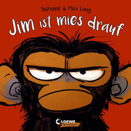 Illustration eines mies gelaunten Schimpansen auf rotem Hintergrund mit deutschem Text: Jim ist mies drauf.