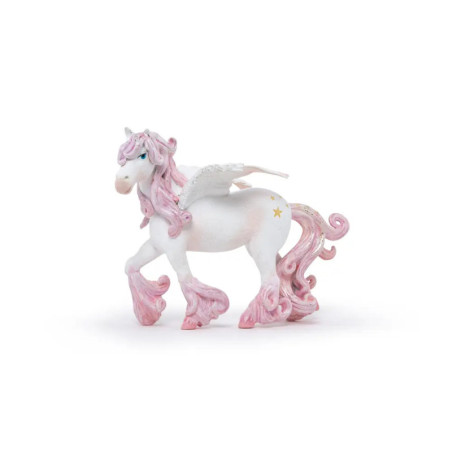 Weiße Einhornfigur mit Flügeln, pinker Mähne, Schweif und Hufen sowie goldenem Stern am Hinterbein.