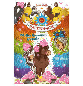 Vier Ponys mit bunten Luftschlangen und rosa Blasen auf einem spielerischen, illustrierten deutschen Buchcover.