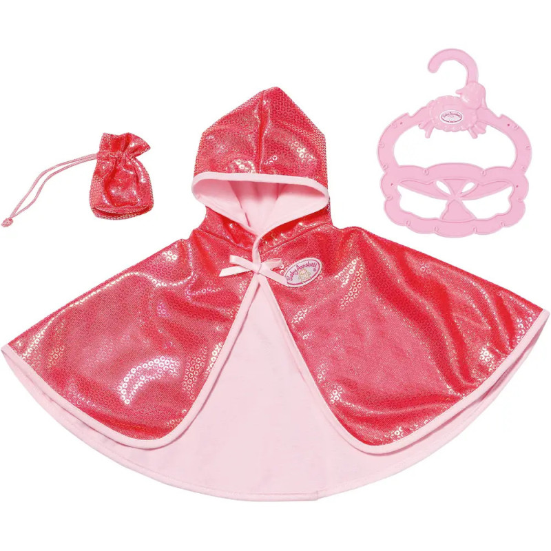 Glänzender, rosa Umhang mit Kapuze, passender Tasche und Bügel für eine Puppe oder ein Spielzeug. Glänzender, rosa Umhang mit Kapuze, passender Tasche und Bügel für eine Puppe oder ein Spielzeug.