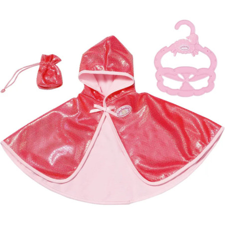 Glänzender, rosa Umhang mit Kapuze, passender Tasche und Bügel für eine Puppe oder ein Spielzeug.