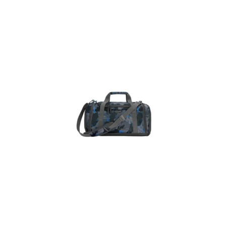 Kleine Sporttasche mit blau-grauem Camouflagemuster und schwarzem Schulterriemen.