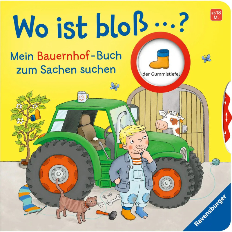 Ein Junge und ein Hund stehen an einem grünen Traktor vor einer Scheune, aus der eine Kuh schaut deutscher Titeltext.