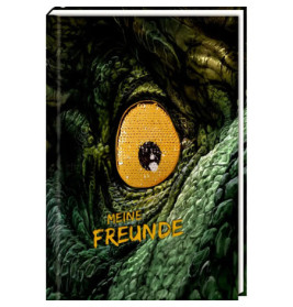 Nahaufnahme eines grünen Reptilienauges, darunter gelb der Schriftzug MEINE FREUNDE.