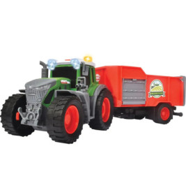 Grüner Spielzeugtraktor mit großen roten Rädern zieht einen roten Anhänger, abgebildet vor weißem Hintergrund.