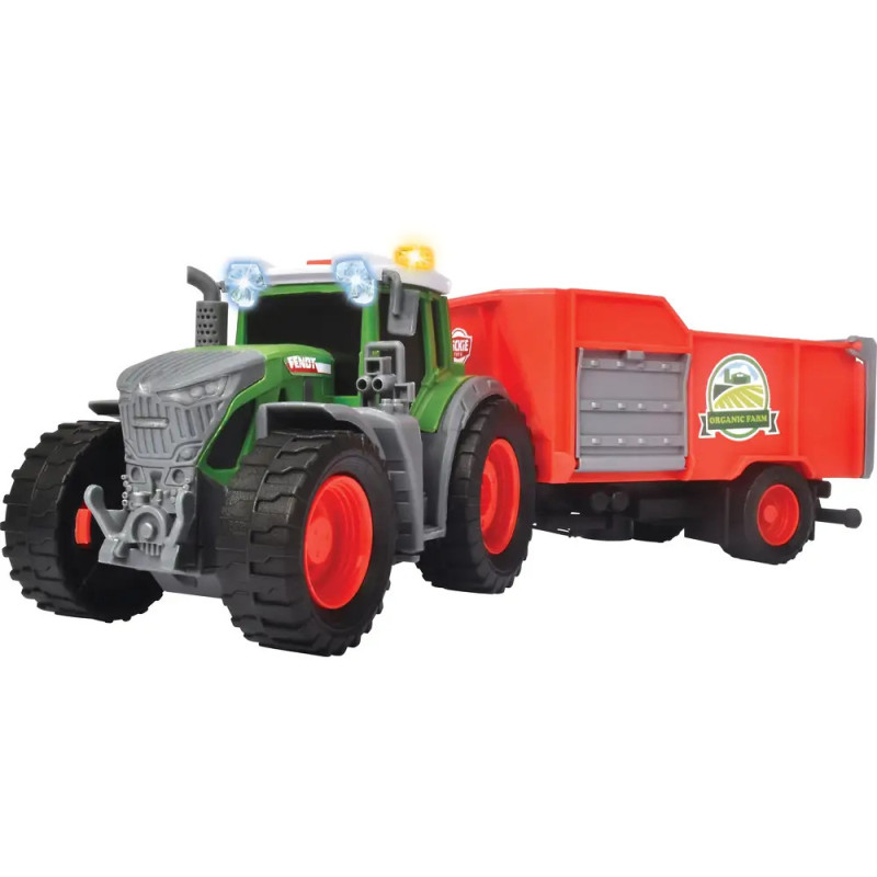 Grüner Spielzeugtraktor mit großen roten Rädern zieht einen roten Anhänger, abgebildet vor weißem Hintergrund.