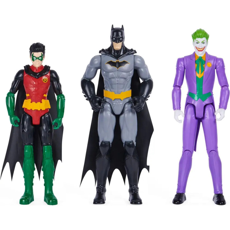 Drei Actionfiguren - Robin, Batman und Joker - stehen nebeneinander in ihren Superheldenkostümen. Drei Actionfiguren - Robin, Batman und Joker - stehen nebeneinander in ihren Superheldenkostümen.