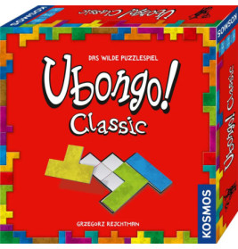 Rote Ubongo!-Box mit bunten Tetris-ähnlichen Formen und weißem deutschen Text auf dem Spielecover.