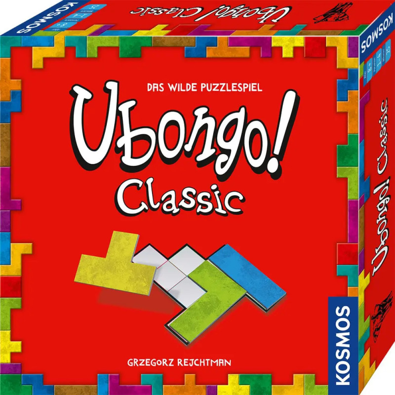 Rote Ubongo!-Box mit bunten Tetris-ähnlichen Formen und weißem deutschen Text auf dem Spielecover. Rote Ubongo!-Box mit bunten Tetris-ähnlichen Formen und weißem deutschen Text auf dem Spielecover.