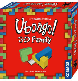 Ubongo! 3-D Familie: Spieleschachtel mit bunten Puzzleteilen vor rotem Hintergrund.