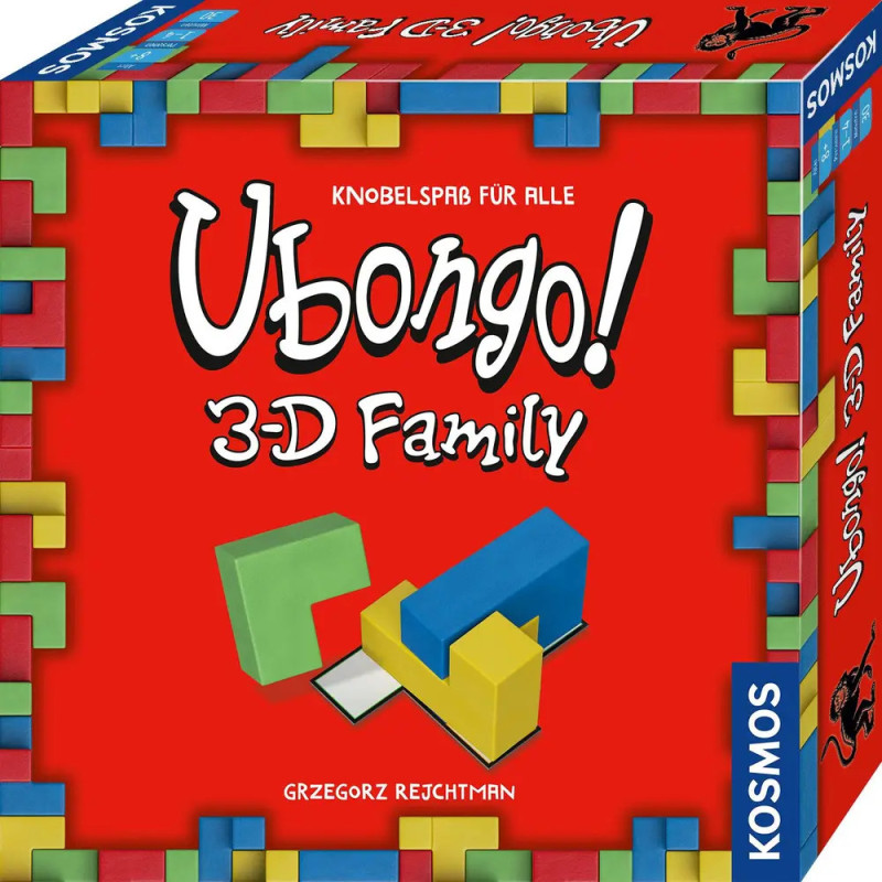 Ubongo! 3-D Familie: Spieleschachtel mit bunten Puzzleteilen vor rotem Hintergrund.