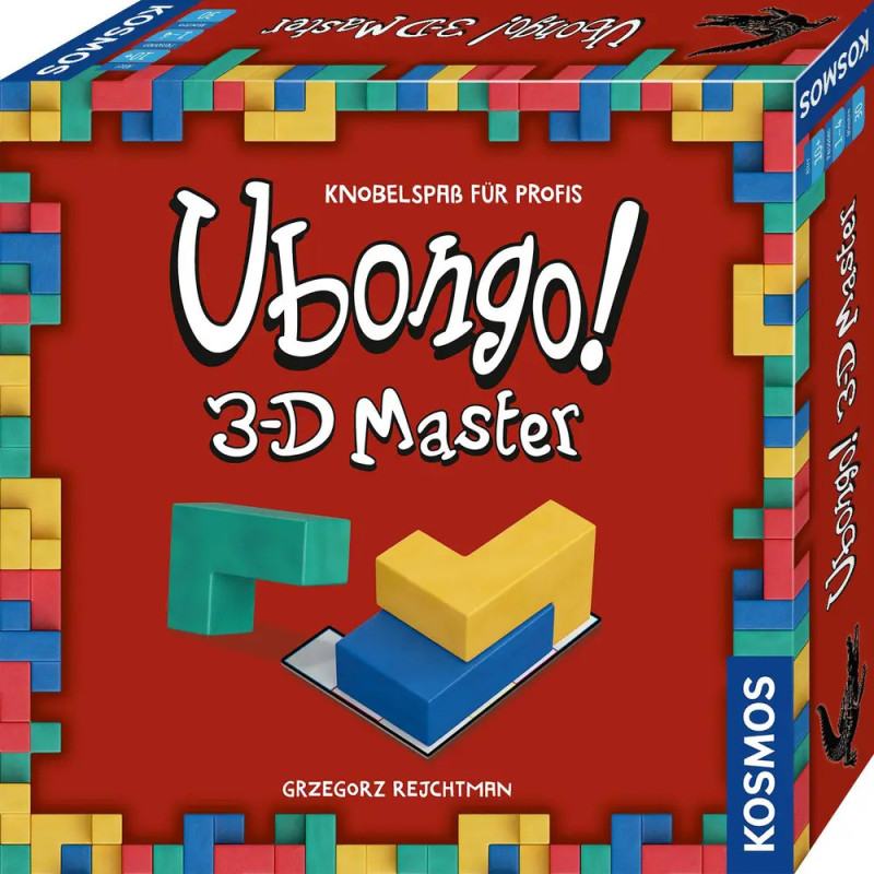 Rote Box des Spiels Ubongo! 3-D Master mit bunten Bausteinen und Spielteilen auf dem Cover. Rote Box des Spiels Ubongo! 3-D Master mit bunten Bausteinen und Spielteilen auf dem Cover.