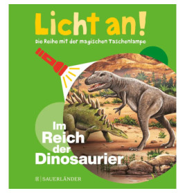 Buchcover mit T. rex und Stegosaurus, die von einer Taschenlampe angestrahlt werden.