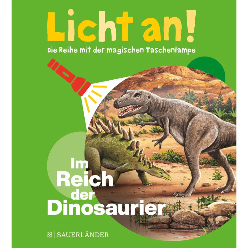 Buchcover mit T. rex und Stegosaurus, die von einer Taschenlampe angestrahlt werden.