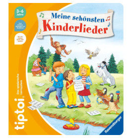 Kinder und Tiere singen und tanzen draußen unter einem Banner mit der Aufschrift Meine schönsten Kinderlieder.