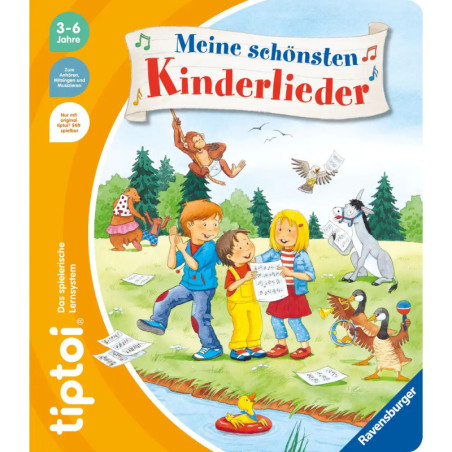 Kinder und Tiere singen und tanzen draußen unter einem Banner mit der Aufschrift Meine schönsten Kinderlieder. Kinder und Tiere singen und tanzen draußen unter einem Banner mit der Aufschrift Meine schönsten Kinderlieder.